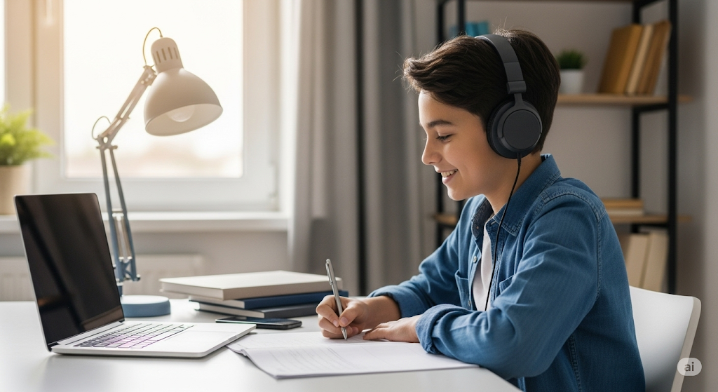 Ein Schüler lernt am Computer und macht sich Notizen